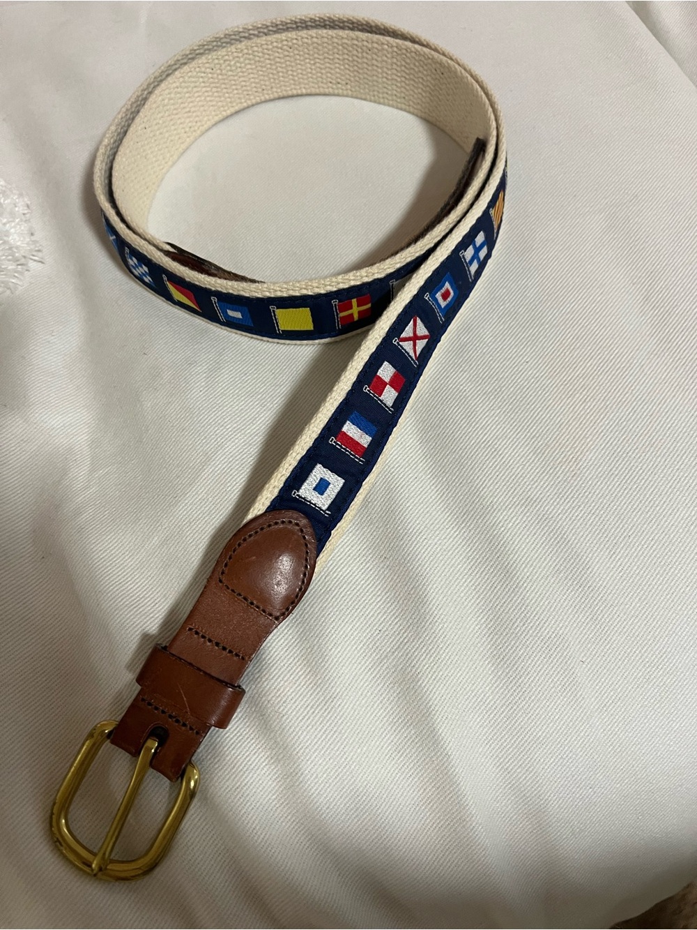 Preppy boat flag Canvas Flag and leather Embroidered Leather-Trim Belt - Navy